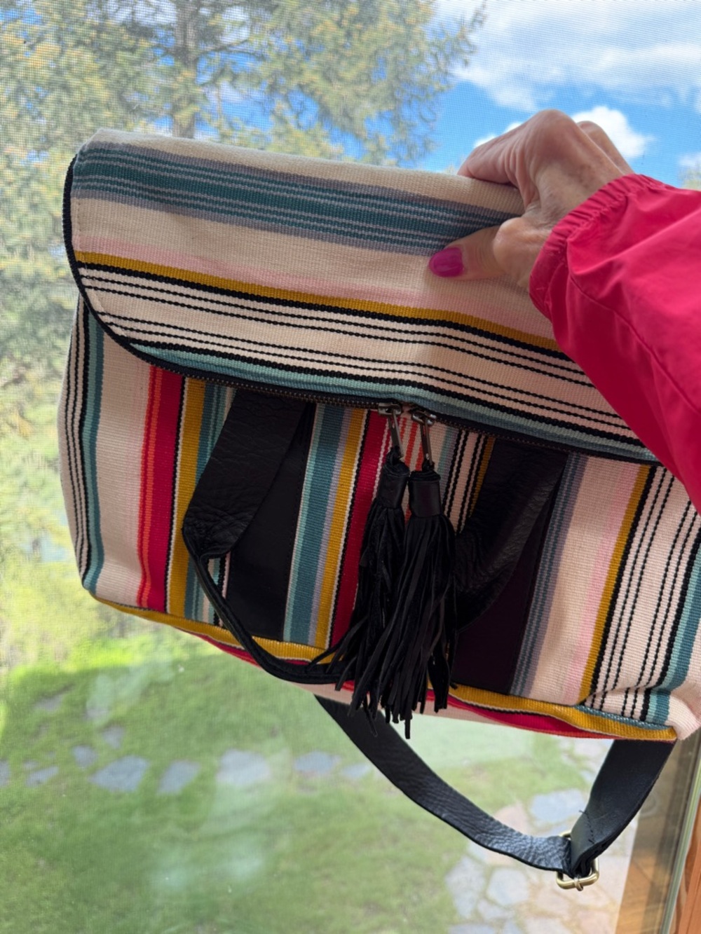 Multicolor Striped Shoulder Bag with Black Tassel Detail